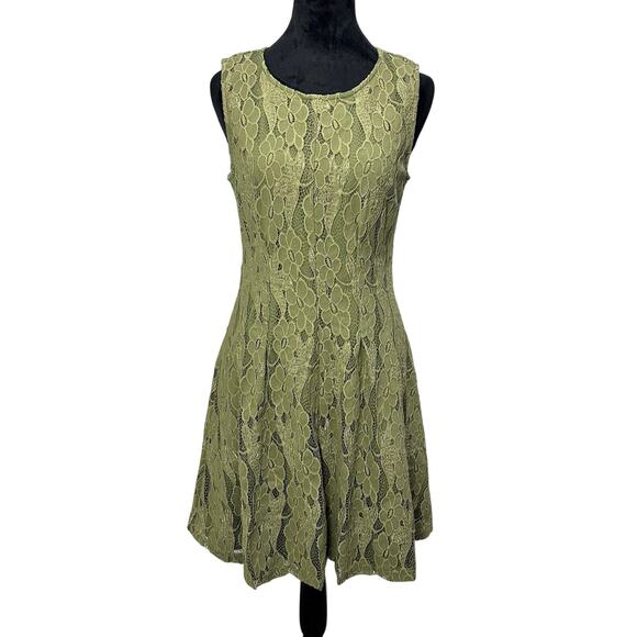 Altar’d State Olive Green Sleeveless Spring Daisy Lace Flare Dress – Size Large - Picture 1 of 10